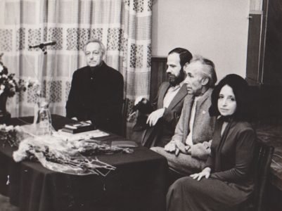 Авторский вечер в ЦДЛ. Слева направо: Л.Разгон, К.Кедров, В.Никулин, Е.Аксельрод. Москва. 1986 год